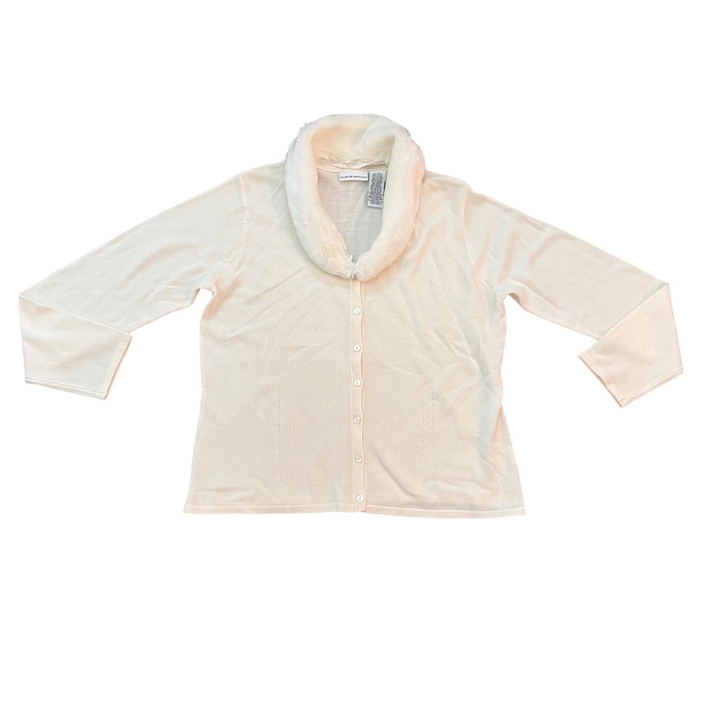 Croft & Barrow Women Cream Cardigan Sweater Faux Fur Removable Collar Large